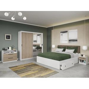 Set dormitor Laguna, Line C8, cu pat, dulap, comoda si noptiere, 184x55x194.8 cm, alb-crem