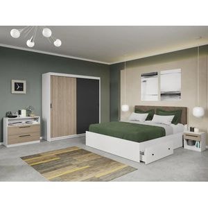 Set dormitor Laguna, Line C7, cu pat, dulap, comoda si noptiere, 184x55x194.8 cm, maro-gri