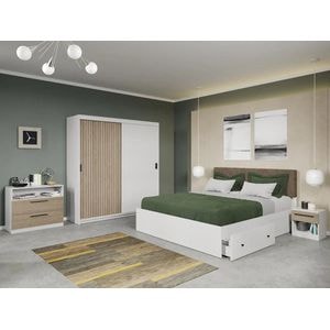 Set dormitor Laguna, Line C6, cu pat, dulap, comoda si noptiere, 184x55x194.8 cm, alb-maro