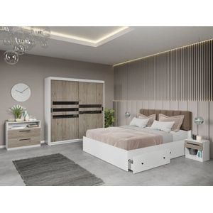 Set dormitor Laguna, Glass C10, cu pat, dulap, comoda si noptiere, 184x55x194.8 cm, alb-maro deschis