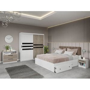 Set dormitor Laguna, Glass C9, cu pat, dulap, comoda si noptiere, 184x55x194.8 cm, alb-crem