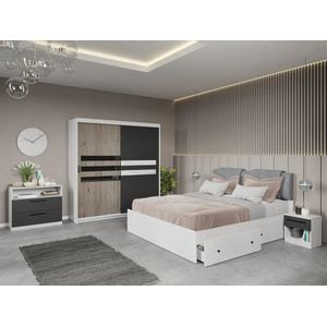 Set dormitor Laguna, Glass C8, cu pat, dulap, comoda si noptiere, 184x55x194.8 cm, alb-negru-maro deschis