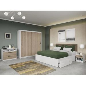 Set dormitor Laguna, Line C5, cu pat, dulap, comoda si noptiere, 184x55x194.8 cm, alb-crem