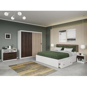 Set dormitor Laguna, Line C4, cu pat, dulap, comoda si noptiere, 184x55x194.8 cm, maro deschis-maro inchis