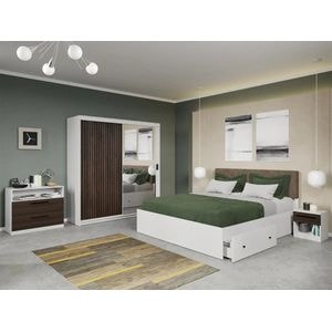 Set dormitor Laguna, Line C3, cu pat, dulap, comoda si noptiere, 184x55x194.8 cm, alb-maro inchis