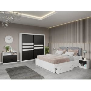 Set dormitor Laguna, Glass C13, cu pat, dulap, comoda si noptiere, 184x55x194.8 cm, alb-negru