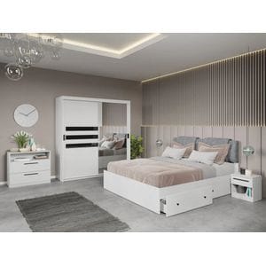 Set dormitor Laguna, Glass C3, cu pat, dulap, comoda si noptiere, 184x55x194.8 cm, alb-negru