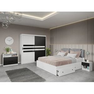 Set dormitor Laguna, Glass C2, cu pat, dulap, comoda si noptiere, 184x55x194.8 cm, alb-negru