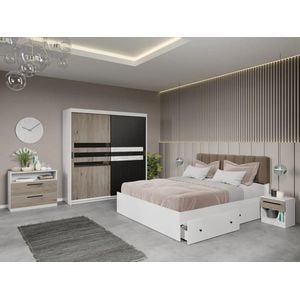 Set dormitor Laguna, Glass C12, cu pat, dulap, comoda si noptiere, 184x55x194.8 cm, alb-negru-crem
