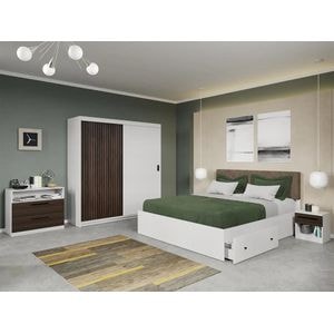 Set dormitor Laguna, Line C2, cu pat, dulap, comoda si noptiere, 184x55x194.8 cm, alb-maro inchis
