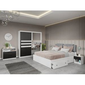 Set dormitor Laguna, Glass C1, cu pat, dulap, comoda si noptiere, 184x55x194.8 cm, alb-negru