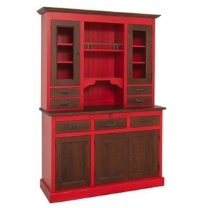 Bufet cu 3 usi, 3 sertare BAS + 2 usi sticla, 4 sertare, spatiu deschis SUP, culoare corp rosu P047, culoare usi, sertare cires P081, dublu color, stejar, 100% lemn masiv, 138x197x50 cm