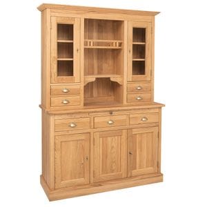 Bufet cu 3 usi, 3 sertare BAS + 2 usi sticla, 4 sertare, spatiu deschis SUP, culoare maro deschis, lacuit, stejar, 100% lemn masiv, 138x197x50 cm