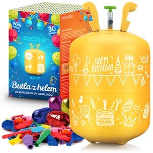 Set butelie cu heliu BALLON TIME idealSTORE, Capacitate 0,42 m3 cu reductor, Include 50 baloane colorate, 60 m panglica decorativa, ambalaje colorate