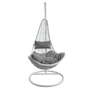 Fotoliu suspendat din ratan sintetic, PROCART, cadru alb din otel zincat, inaltime 195 cm, perne gri, maxim 120 kg