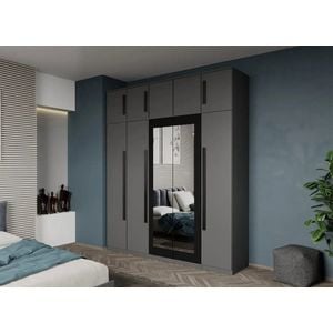 Dulap dormitor Laguna Dallas, 5 usi, cu oglinda, 205.4x48x240.3 cm, gri antracit