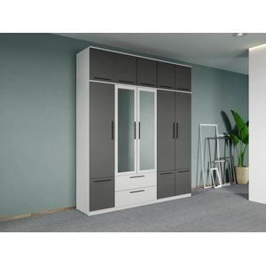 Dulap dormitor Laguna Madrid, cu 5 usi, cu oglinda, 205.4x48x240.3, alb-gri