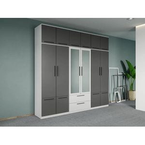 Dulap dormitor Laguna Madrid, cu 6 usi, cu oglinda, 247.4x48x240.3, alb-gri