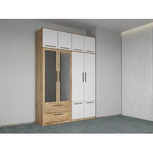Dulap dormitor Laguna Madrid, 4 usi, cu oglinda, 164.4x48x240.3 cm, alb-stejar auriu