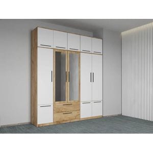 Dulap dormitor Laguna Madrid, cu 5 usi, cu oglinda, 205.4x48x240.3 cm, alb-stejar auriu