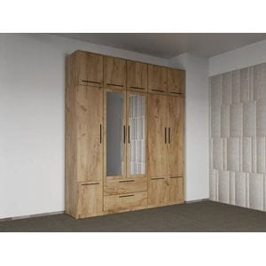 Dulap dormitor Laguna Madrid, 5 usi, cu oglinda, 205.4x48x240.3 cm, stejar auriu