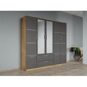 Dulap dormitor Laguna Acapulco, 5 usi, cu oglinda, 205.4x48x192.5 cm, gri-stejar auriu 