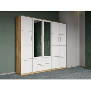 Dulap dormitor Laguna Acapulco, 5 usi, cu oglinda, 205.4x48x192.5 cm, alb-stejar auriu 