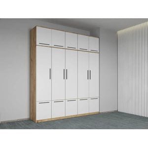 Dulap dormitor Laguna Madrid, 5 usi, 205.4x48x240.3 cm, alb-stejar 