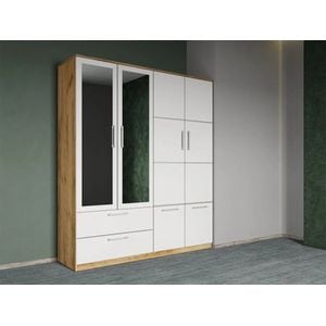 Dulap dormitor Laguna Acapulco, 4 usi, cu oglinda, 164.4x48x192.5 cm, alb-stejar auriu