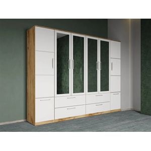 Dulap dormitor Laguna Acapulco, 6 usi, 4 oglinzi, 248x48x192.5 cm, alb-stejar auriu