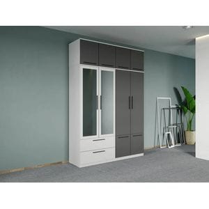 Dulap dormitor Laguna Madrid, 4 usi, cu oglinda, 164.4x48x240.3 cm, alb-gri