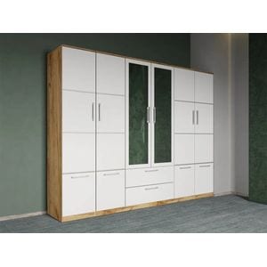 Dulap dormitor Laguna Acapulco, 6 usi, cu 2 oglinzi, 247.4x48x192.5 cm, alb-stejar auriu