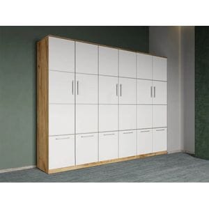Dulap dormitor Laguna Acapulco V1, 6 usi, 247.4x48x192.5 cm, alb-stejar auriu