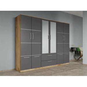 Dulap dormitor Laguna Acapulco, 6 usi, 2 oglinzi, 247.4x48x192.5 cm, gri-stejar auriu
