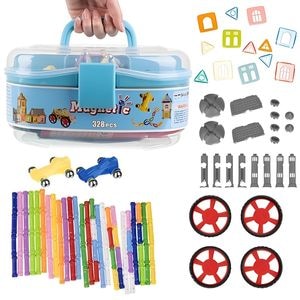 Joc educativ cu bastonase magnetice, Magnetic Cubs idealStore, 328 piese, diverse forme si culori, materiale sigure si durabile, 2 masinute incluse