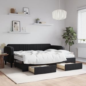 Pat de zi cu extensie si sertare vidaXL, 80x200 cm, catifea, negru