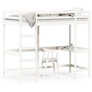 Cadru pat supraetajat cu birou vidaXL, alb, 90x190 cm, lemn masiv pin