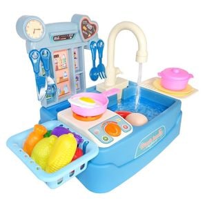 Bucatarie copii SALAMANDRA KIDS, robinet functional, 17 piese, 3 ani+, Albastru