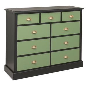 Comoda SZEL MOB, 9 sertare, culoare corp negru P003, culoare sertare verde P038, dublu color, 100% lemn masiv, 122x41x97 cm