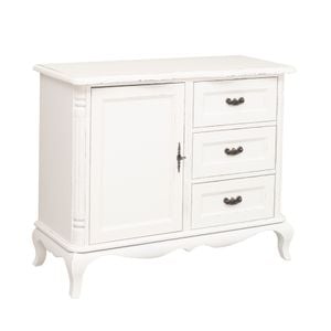 Comoda SZEL MOB, 1 usa, 3 sertare Chic, sertare pe sine soft close, culoare alb murdar P086++P039A. 2 straturi de culori antichizat, 100% lemn masiv, 110x48x89 cm
