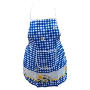 Sort de bucatarie HouseXL Casa Gino, din bumbac 100%, cu buzunar, marime universala, cordon de prindere lung, Carouri albastre si margarete