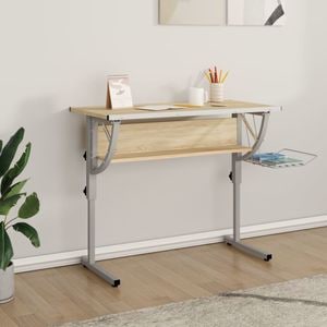 Birou stejar vidaXL, 110x53x(58-87) cm, lemn prelucrat si otel, sonoma-gri