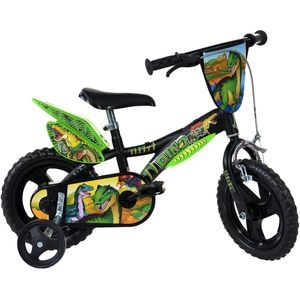 Bicicleta cu pedale Dino Bikes Dinozaur T-Rex, Cu roti ajutatoare, 12 inch, Pana la 40 kg, 3 ani+, Multicolor