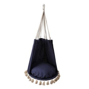 Hamac tip scaun DacEnergy, bumbac/poliester, structura metalica, cu franjuri, 60 x 60 x 133 cm, albastru