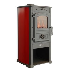 Semineu pe lemne Fornello Modena Red 7-9 kW, 48x46x93 cm, gratar ardere din fonta, camera de ardere samotata, usa fonta cu geam din sticla termorezistenta si plita din fonta