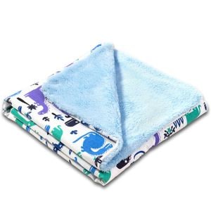 Paturica dubla pufoasa cu doua fete Kidizi Fluffy Blue Dino, 100x78 cm