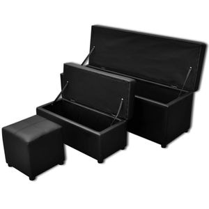 Set bancheta depozitare vidaXL, piele eco, taburet pt. picioare, negru, 3 buc
