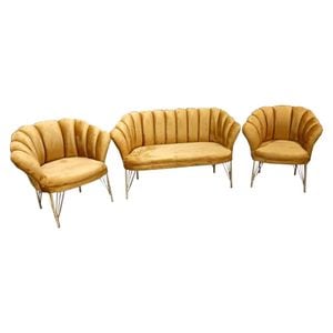 Set Canapea cu 2 fotolii HouseXL Luxury Sofa Trio Set, Pentru casa si birou, Design modern, 120x50x80 cm, Textura catifelata, Umplutura din spuma, Galben Mustar