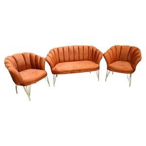 Set Canapea cu 2 fotolii HouseXL Luxury Sofa Trio Set, Pentru casa si birou, Design modern, 120x50x80 cm, Textura catifelata, Umplutura din spuma, Portocaliu Gold