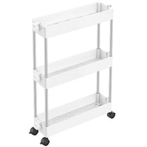 Raft depozitare pentru baie, Quasar & Co., cu roti, 3 polite, pentru spatii inguste, dreptunghiular, 40x12x61 cm, ABS/otel inoxidabil, alb